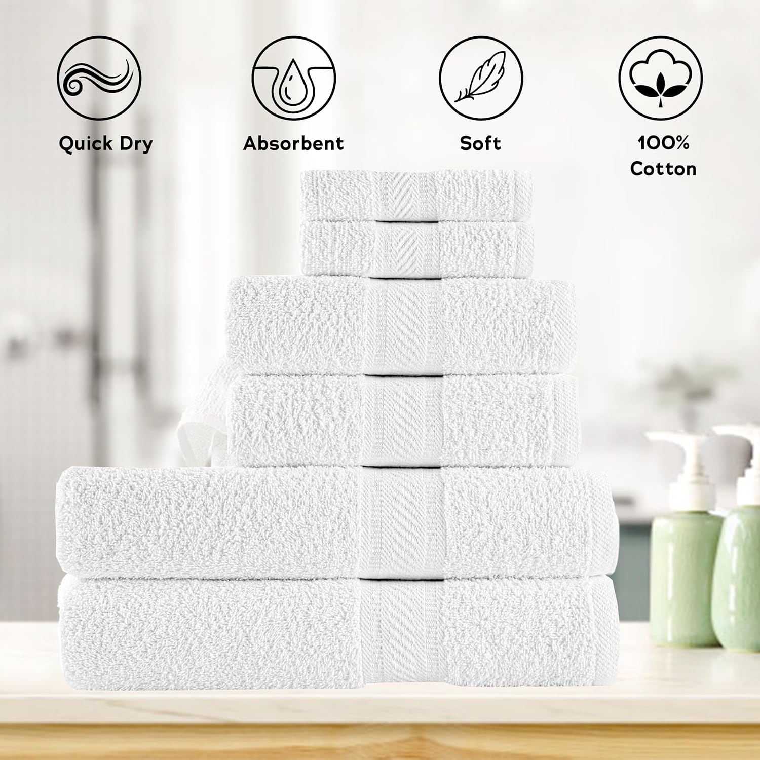 6 Piece Towel Set - 2 Bath Towels, 2 Hand Towels and 2 Washcloths